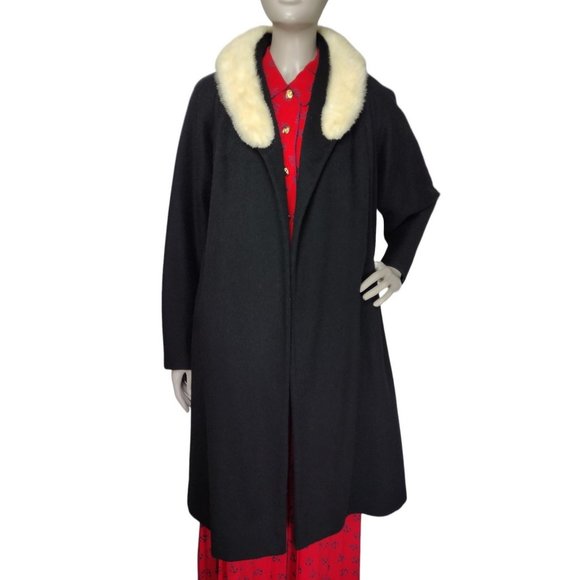 Vintage 1930's Black Wool Fox Fur Collar Open Front Opera Swing Dress Ov…